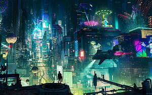 Neon-Lit Cyberpunk Cityscape with Flying Vehicle and Silhouetted Figure HD wallpaper