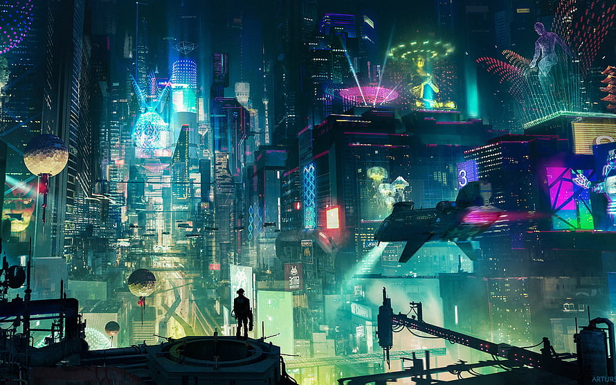 Neon-Lit Cyberpunk Cityscape with Flying Vehicle and Silhouetted Figure HD wallpaper