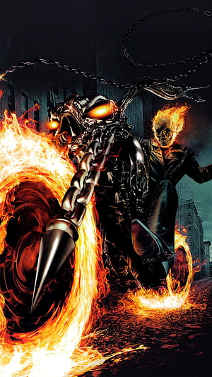 Ghost Rider and Venom on a flaming motorcycle in a dark urban street HD phone wallpaper