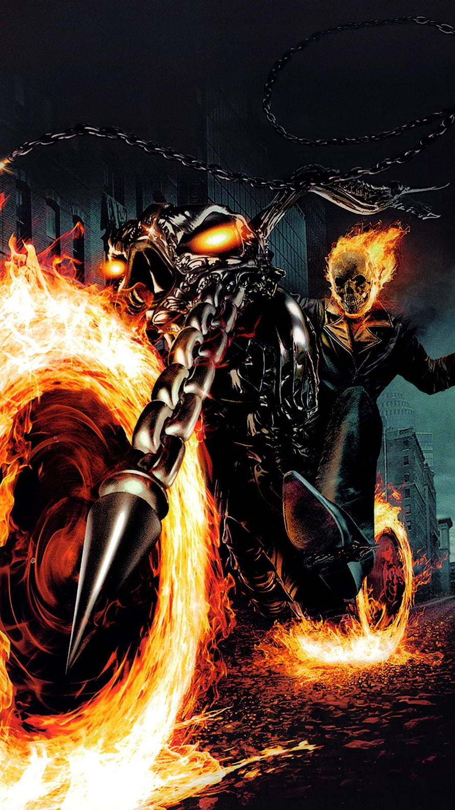 Ghost Rider and Venom on a flaming motorcycle in a dark urban street HD phone wallpaper