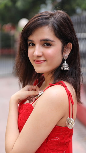 Shirley Setia in a red lace dress with traditional silver jhumka earrings HD phone wallpaper