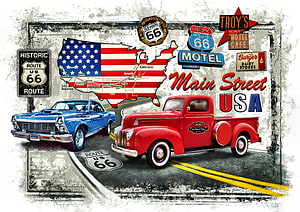 Route 66 Americana Collage Featuring Classic Cars and US Map HD wallpaper