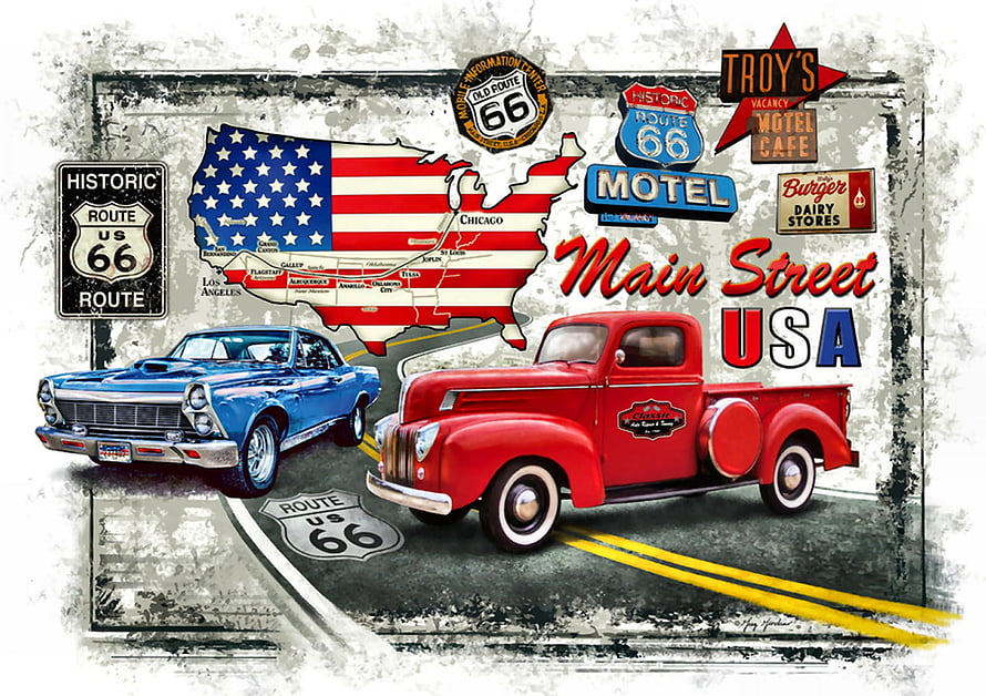 Route 66 Americana Collage Featuring Classic Cars and US Map HD wallpaper