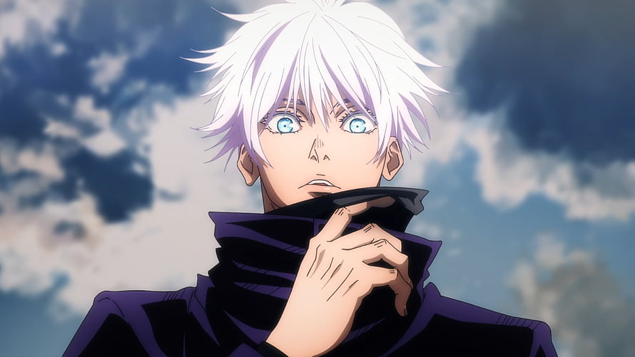 Satoru Gojo from Jujutsu Kaisen with white hair and blue eyes against a cloudy sky HD wallpaper