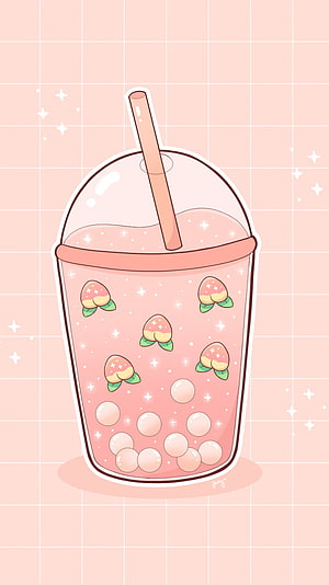 Kawaii Peach Boba Tea Illustration with Sparkles and Cute Fruit Design HD phone wallpaper