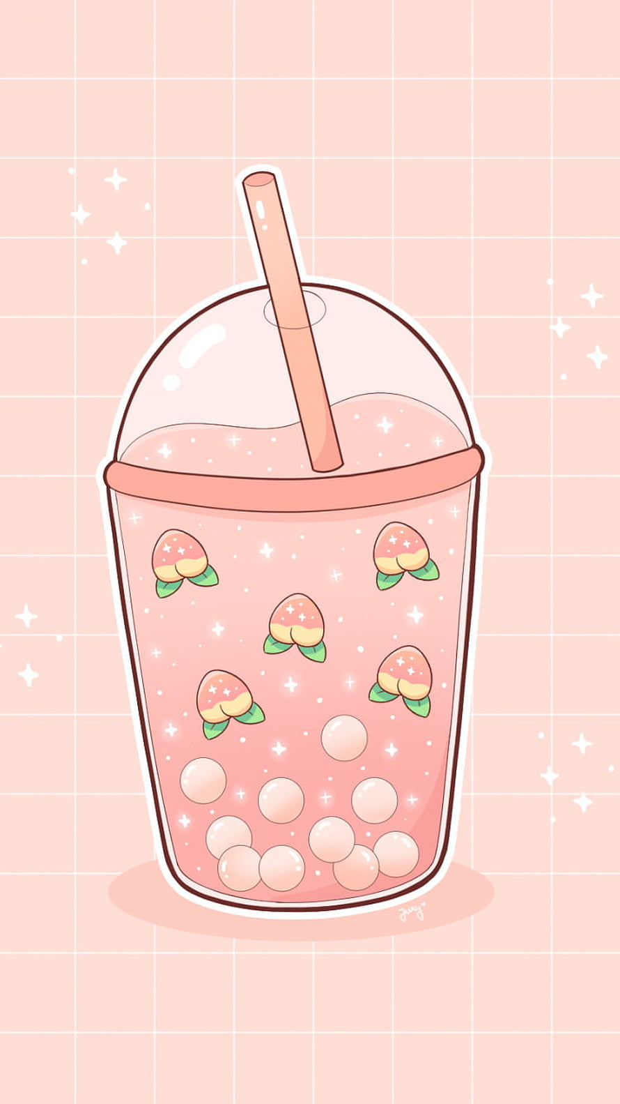 Kawaii Peach Boba Tea Illustration with Sparkles and Cute Fruit Design HD phone wallpaper