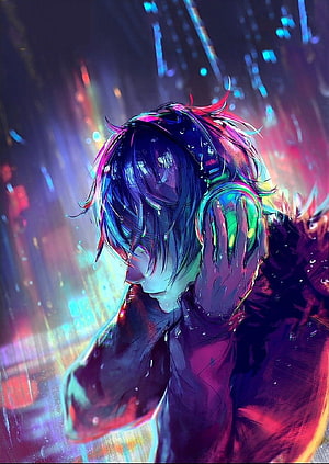 Anime Boy With Headphones In Neon Rain HD phone wallpaper