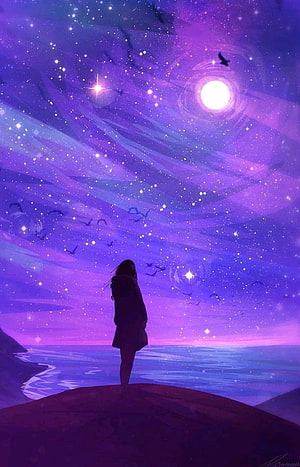 Silhouette of a girl gazing at a starry purple night sky over the ocean HD phone wallpaper
