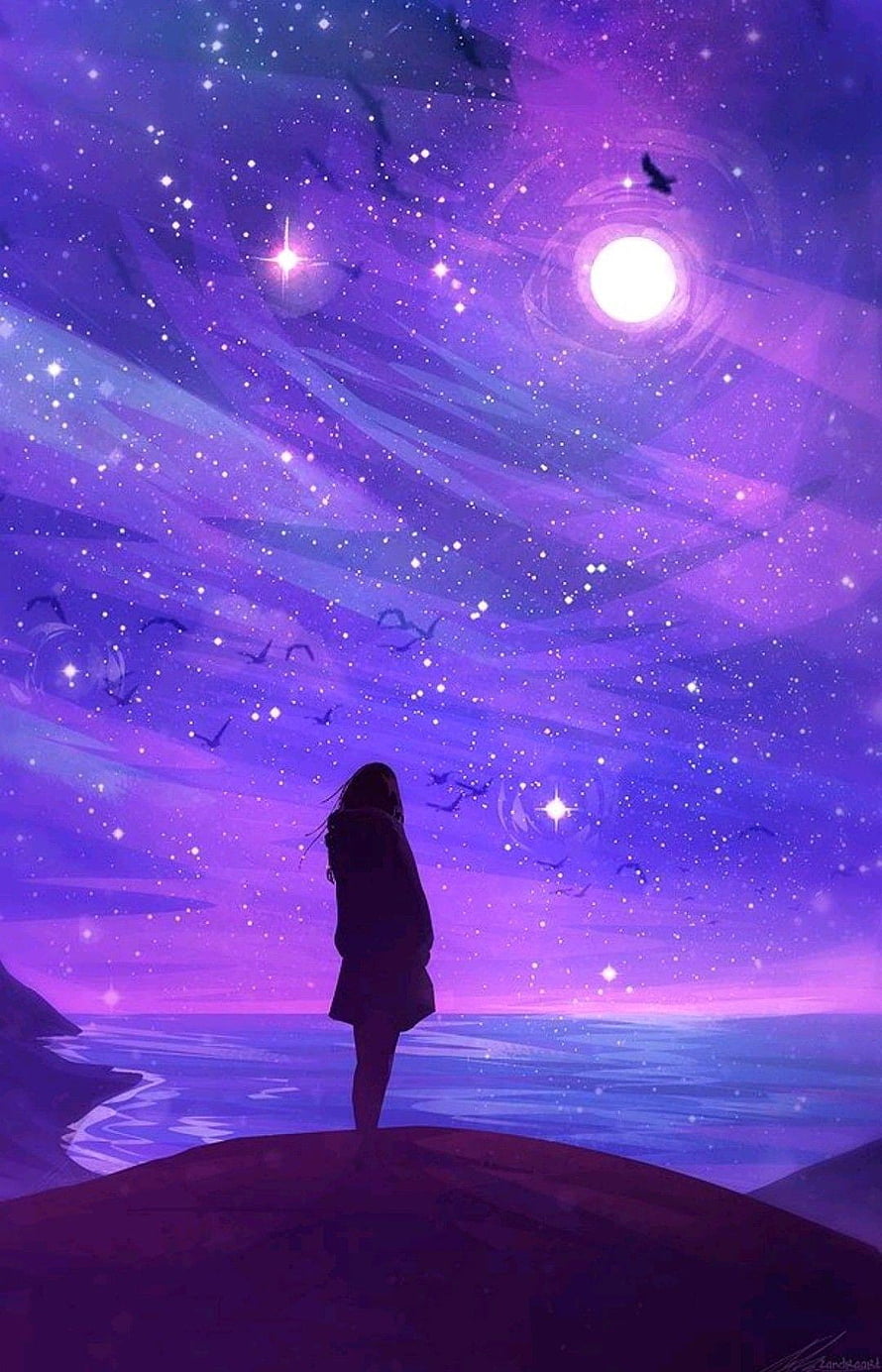 Silhouette of a girl gazing at a starry purple night sky over the ocean HD phone wallpaper