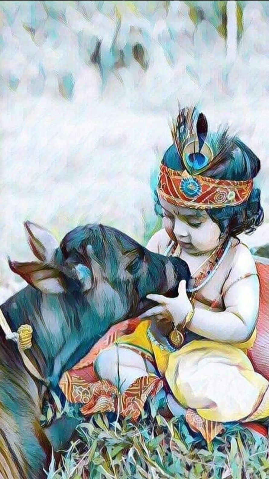 Baby Krishna Cuddling a Calf in a Serene Pastoral Setting HD phone wallpaper