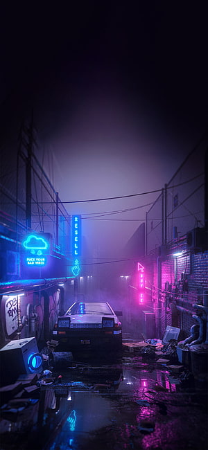 Cyberpunk Alley with Neon Signs and Parked Car in Rainy Night HD phone wallpaper