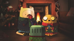 Finn and Jake from Adventure Time Enjoying a Cozy Christmas by the Fireplace HD wallpaper