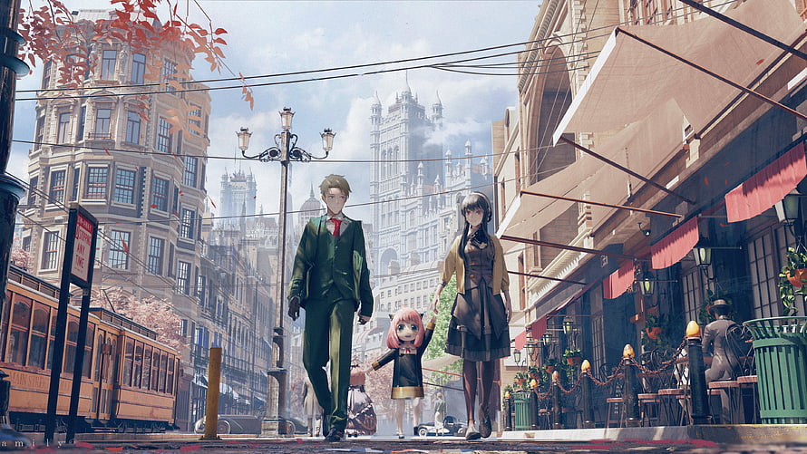 Spy x Family: Loid, Yor, and Anya Walking Through a Vintage European City Street HD wallpaper