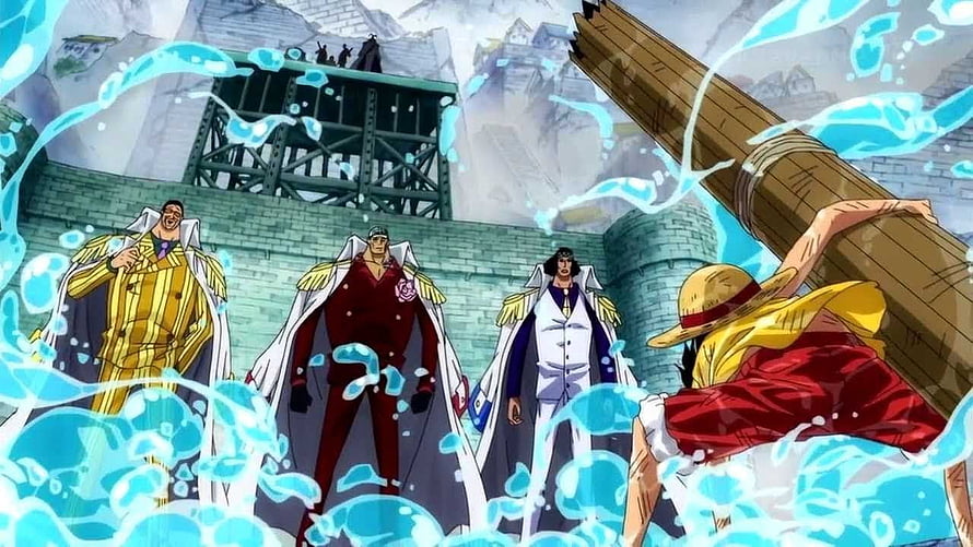 One Piece Luffy Confronts Three Admirals in Epic Marine Battle HD wallpaper