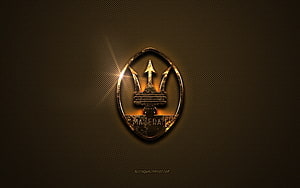 Maserati Trident Emblem on Textured Brown Metal Surface with Golden Lighting HD wallpaper