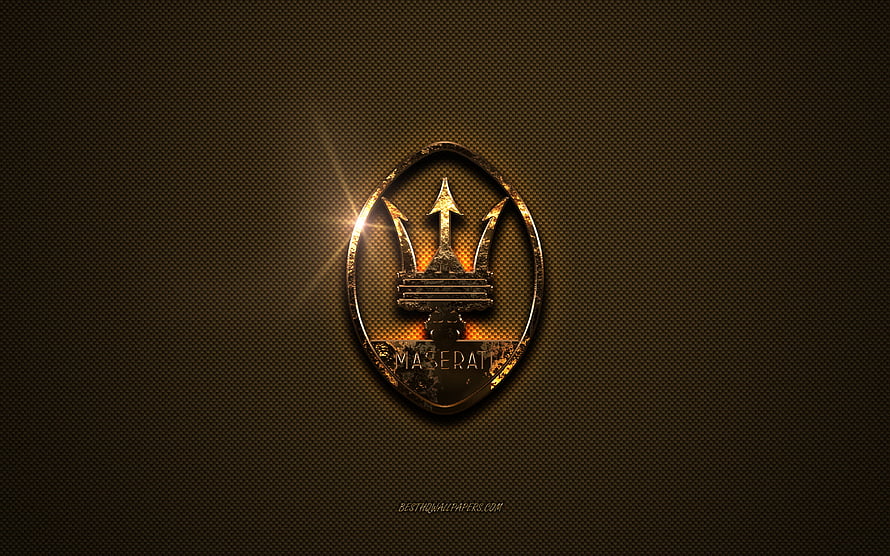 Maserati Trident Emblem on Textured Brown Metal Surface with Golden Lighting HD wallpaper