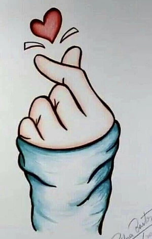 Cute Finger Heart Hand Gesture Tattoo Design with Red Heart and Blue Sleeve HD phone wallpaper
