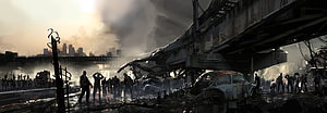Left 4 Dead 2 Concept Art: Post-Apocalyptic City Ruins and Zombie Horde HD wallpaper