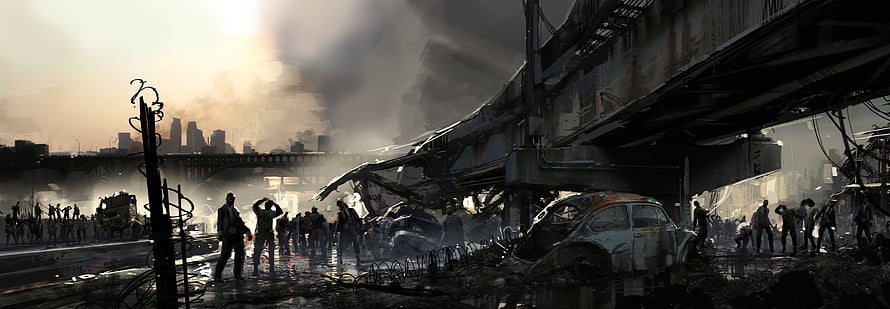 Left 4 Dead 2 Concept Art: Post-Apocalyptic City Ruins and Zombie Horde HD wallpaper
