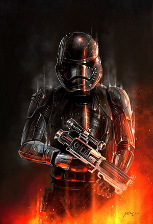 First Order Stormtrooper in Black Armor Holding Blaster Amidst Fiery Embers HD phone wallpaper