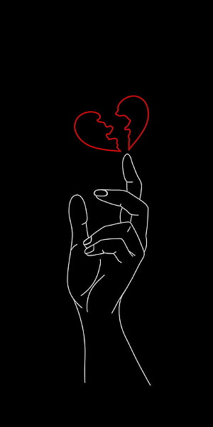 Minimalist Line Art of a Hand Releasing a Broken Heart on Black Background HD phone wallpaper