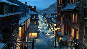 Cozy Snowy Village Street at Night with Warm Glowing Windows and Vintage Street Lamps HD wallpaper