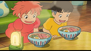 Ponyo and Sosuke Enjoying a Warm Bowl of Ramen in a Cozy Studio Ghibli Scene HD wallpaper