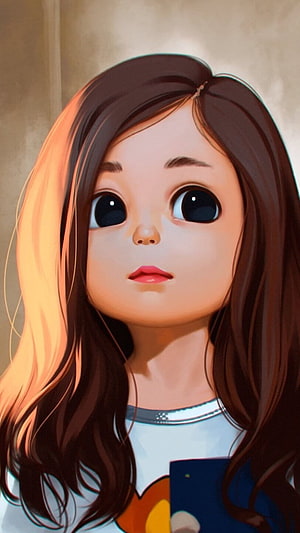 Cute Cartoon Girl Portrait with Long Brown Hair and Large Expressive Eyes HD phone wallpaper