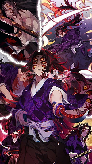 Kokushibo Demon Slayer Anime Character Artwork with Multiple Eyes and Purple Kimono HD phone wallpaper