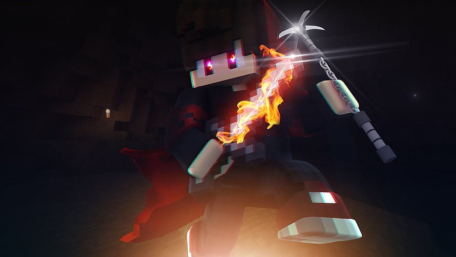 Minecraft Nova Skin Character Wielding Glowing Mace in Dark Cavern Setting HD wallpaper