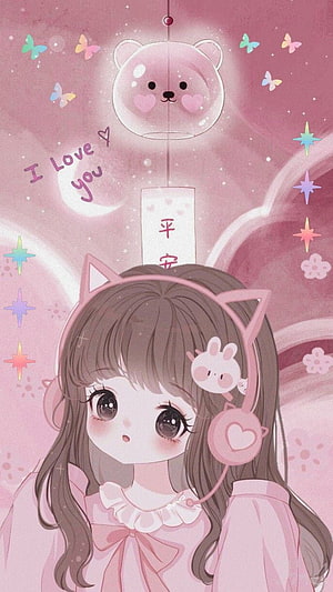 Cute Anime Girl With Cat Ears And Pink Headphones In Dreamy Pastel Illustration HD phone wallpaper