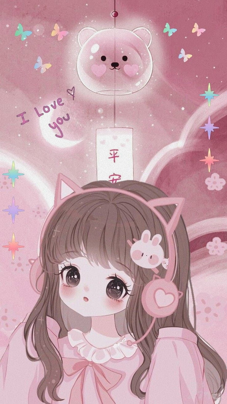 Cute Anime Girl With Cat Ears And Pink Headphones In Dreamy Pastel Illustration HD phone wallpaper