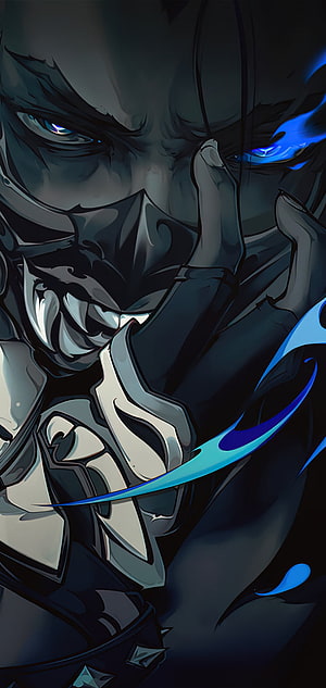 Yoru from Valorant in a dark close-up with glowing blue eyes and energy effects HD phone wallpaper