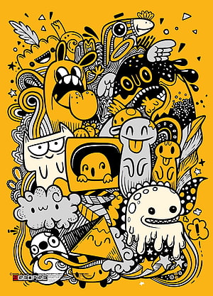 Vibrant Yellow and Black Doodle Art Poster Featuring Playful Cartoon Characters and Abstract Shapes HD phone wallpaper