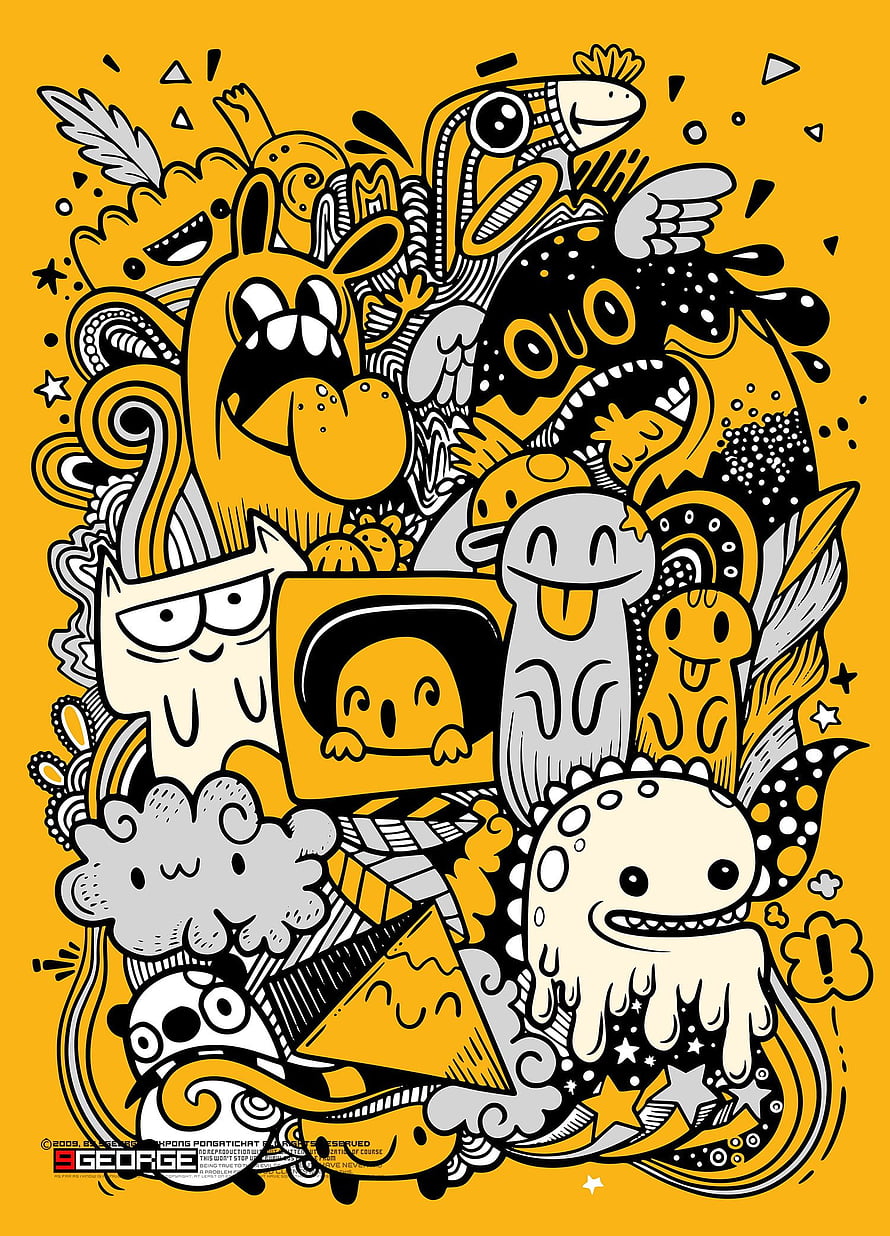 Vibrant Yellow and Black Doodle Art Poster Featuring Playful Cartoon Characters and Abstract Shapes HD phone wallpaper