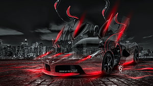 Sleek Black Sports Car with Red Neon Accents Against a Dark City Skyline HD wallpaper
