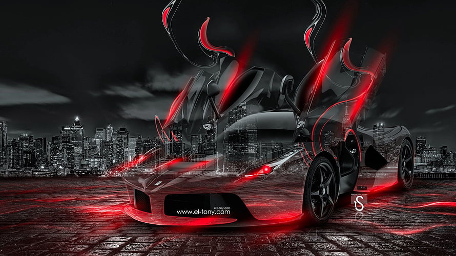Sleek Black Sports Car with Red Neon Accents Against a Dark City Skyline HD wallpaper