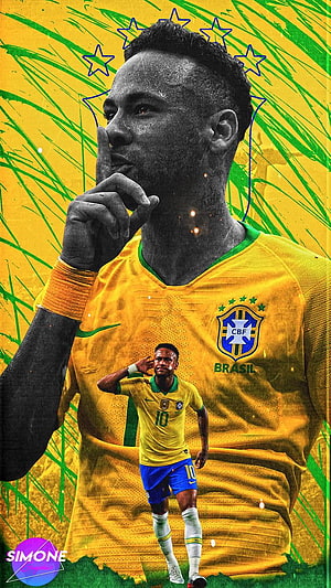 Neymar Jr Brazil National Team Jersey Portrait with Five Stars and Green Yellow Background HD phone wallpaper