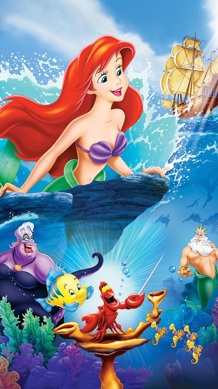The Little Mermaid Classic Disney Animation Poster with Ariel, Sebastian, and Flounder HD phone wallpaper