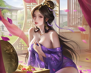 Elegant Asian Fantasy Princess in Purple Silk Robe with Golden Hair Ornaments HD wallpaper