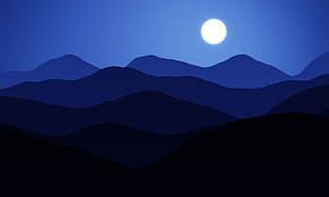 Minimalist Blue Mountain Landscape with Full Moon at Night HD wallpaper
