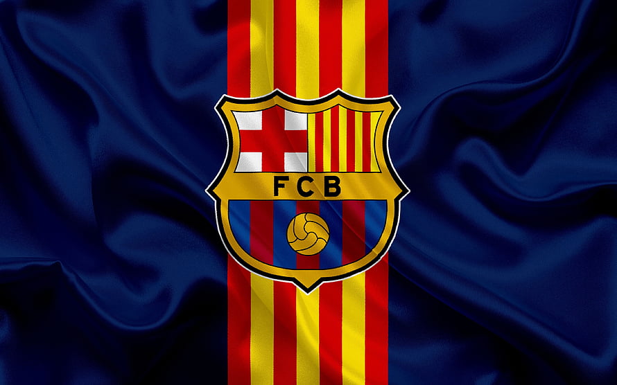 FC Barcelona Crest on Waving Blue and Red Striped Fabric Background HD wallpaper