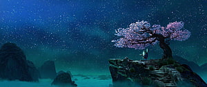 Master Oogway Meditating Under a Cherry Blossom Tree in a Starlit Night Landscape HD wallpaper