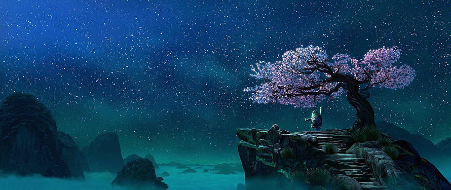 Master Oogway Meditating Under a Cherry Blossom Tree in a Starlit Night Landscape HD wallpaper