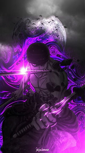Roronoa Zoro Wielding Swords Amidst Swirling Magenta Energy and a Dark Moon HD phone wallpaper
