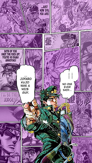 Jotaro Kujo from Jojo's Bizarre Adventure Part 3 in a dramatic manga panel collage HD phone wallpaper