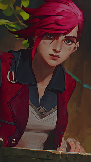 Vi from Arcane in Red Jacket and Black Collar with Pink Hair HD phone wallpaper