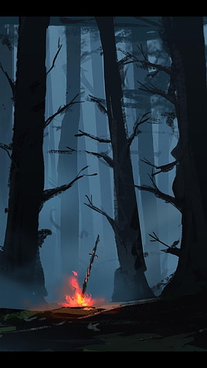 Dark Souls Bonfire in Misty Forest, Atmospheric Fantasy Campfire Scene HD phone wallpaper