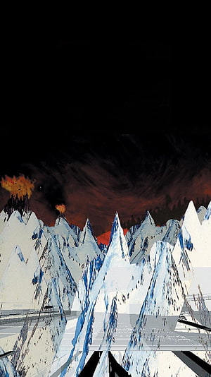 Stylized Snowy Mountain Range with Volcanic Eruptions Under a Dark Red Sky HD phone wallpaper