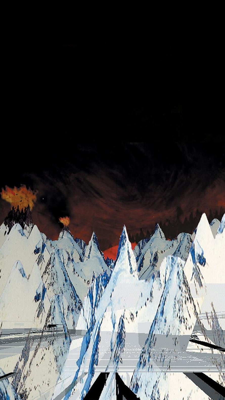 Stylized Snowy Mountain Range with Volcanic Eruptions Under a Dark Red Sky HD phone wallpaper